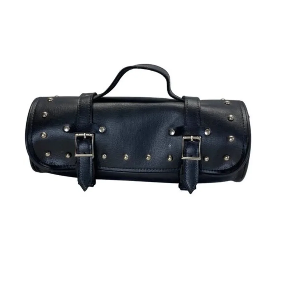 Black Leather Studded Motorcycle Handlebar Tool Bag With Buckle Straps